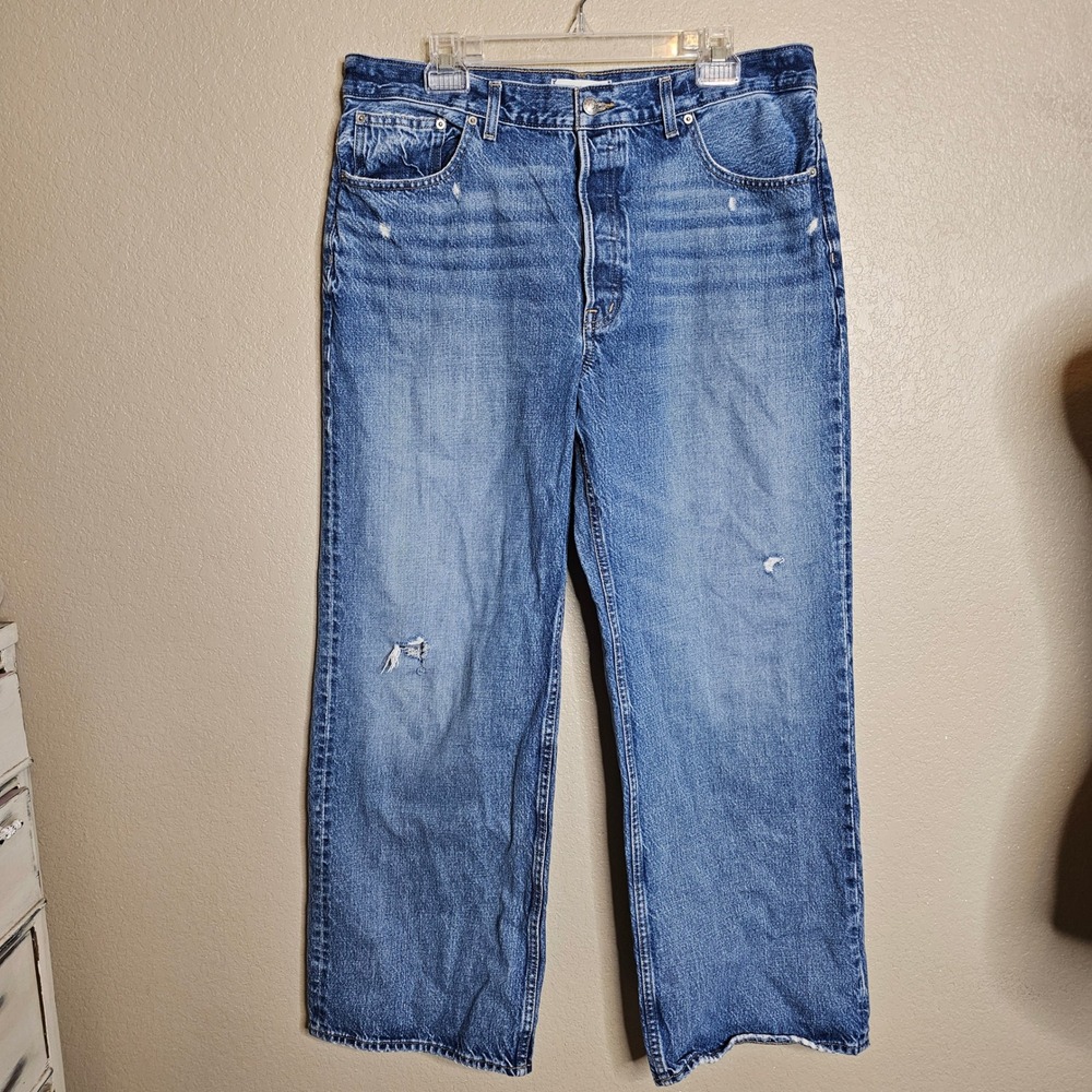 Madewell Low-Slung Baggy Jeans Size 31 Medium Wash Button Fly Distressed - Picture 2 of 15